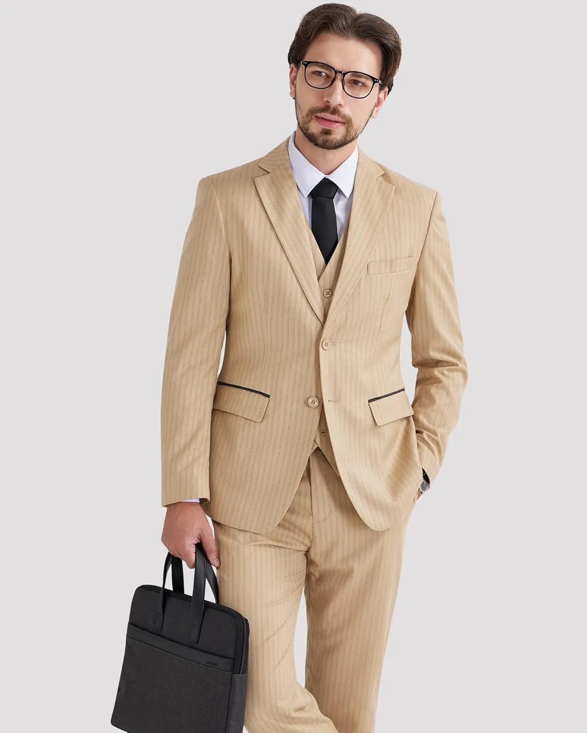 MAGE MALE Men’s Pinstripe 3 Piece Suit Slim Fit Elegant Single Breasted Business Wedding Party Blazer Vest& Pants Set