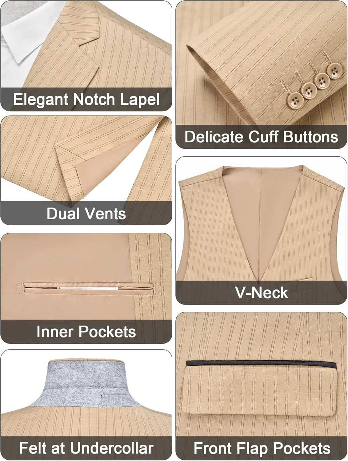 MAGE MALE Men’s Pinstripe 3 Piece Suit Slim Fit Elegant Single Breasted Business Wedding Party Blazer Vest& Pants Set