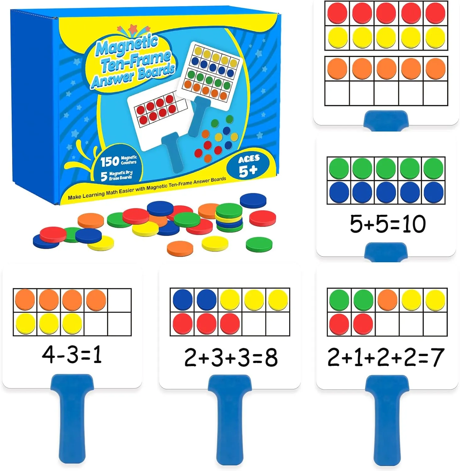 Magnetic Ten Frame Set,5 Dry Erase Paddles & 150 Math Counters,Counting Toys for Kids,Addition and Subtraction Games,Math Manipulatives 1st Grade,Kindergarten Preschool Classroom Must Haves