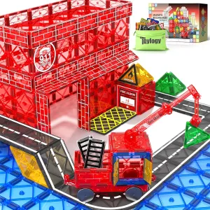 Magnetic Tiles Road Set with Magnetic Crane Edition, Magnet Building City Fire Kids Car Toys for 3 4 5 6 7 Years Old Boys Girls, Magworld Kids Games Construction STEM Toys for Boys Gifts