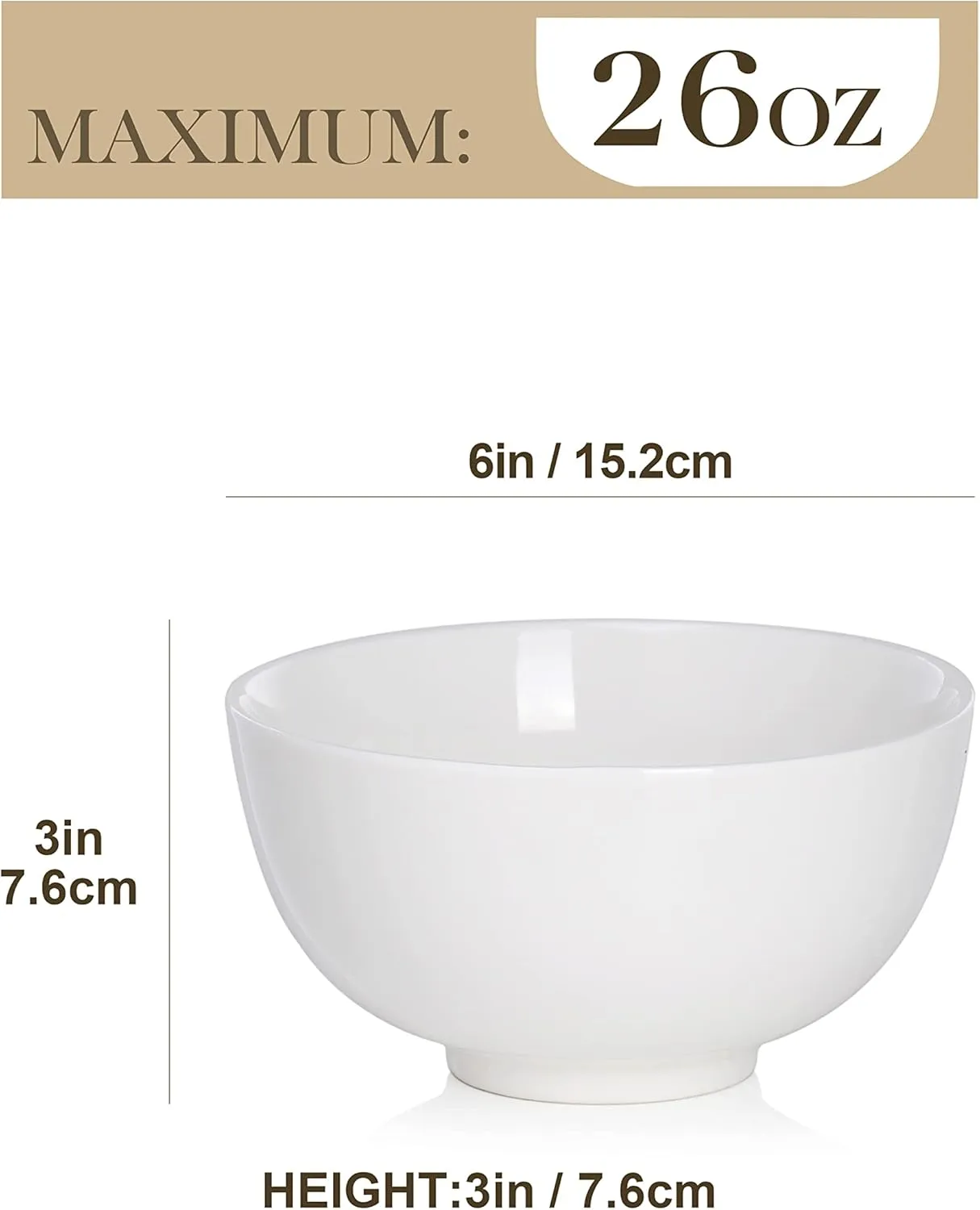 MALACASA 26 oz Porcelain Soup Bowls, 6" Cereal Bowls - White Bowls Set of 4 for Soup, Cereal, Oatmeal, Fruit, Rice - Dishwasher & Microwave Safe, Series Regular