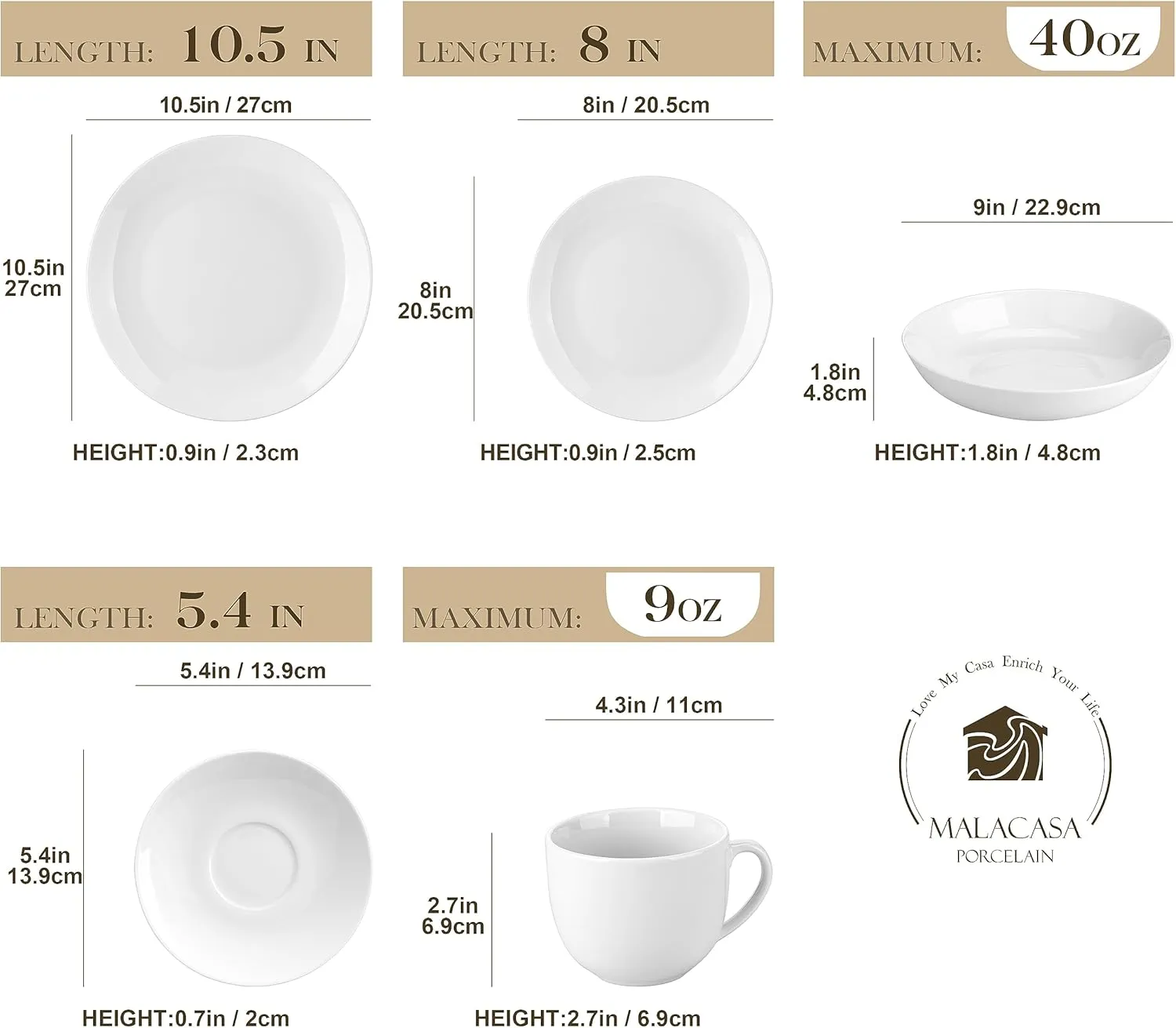 MALACASA 30-Piece Gourmet Porcelain Dinnerware Sets, Modern White Round Dish Set for 6 - Premium Serving Plates and Bowls Sets for Dessert, Salad, Soup, Pasta - Series AMELIA