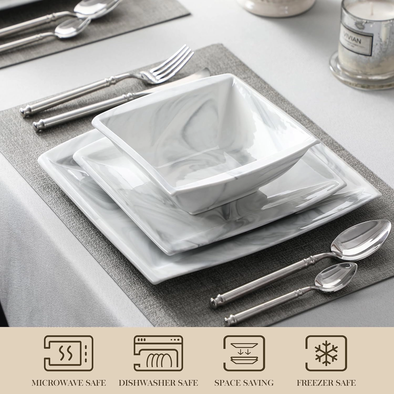 MALACASA Plates and Bowls Sets, 12-Piece Porcelain Dinnerware Sets for 4, Square Plates and Bowls for Dessert, Salad and Soup, Ceramic Dishes Dining Dishware Set, Marble Grey, Series Blance