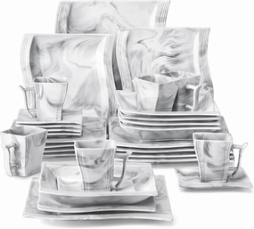 MALACASA Plates and Bowls Sets, 30 Piece Porcelain Dinnerware Sets for 6, Square Dinnerware Set with Dinner Plate, Dessert Plate, Soup Plate, Cup and Saucer, Modern Dish Set, Marble Grey, Series Flora