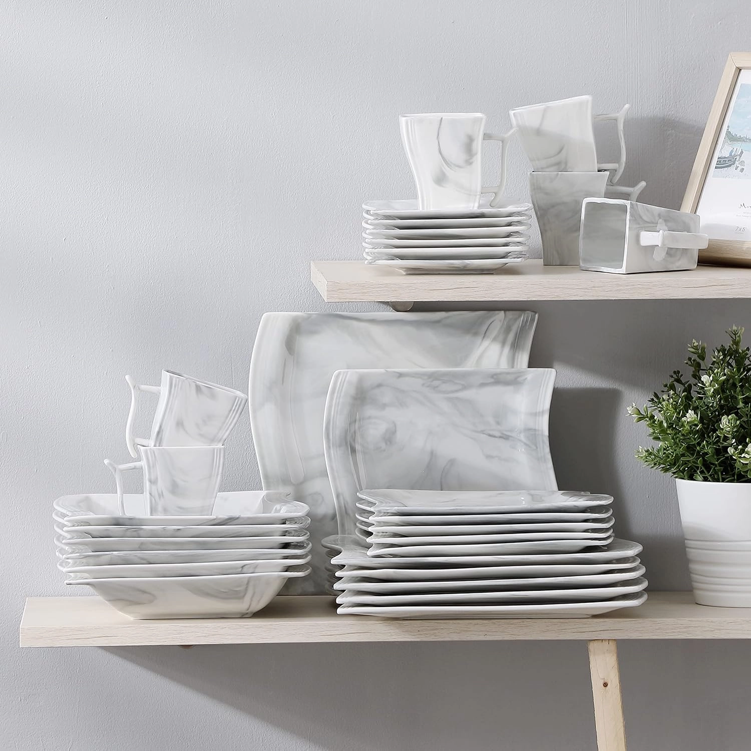 MALACASA Plates and Bowls Sets, 30 Piece Porcelain Dinnerware Sets for 6, Square Dinnerware Set with Dinner Plate, Dessert Plate, Soup Plate, Cup and Saucer, Modern Dish Set, Marble Grey, Series Flora