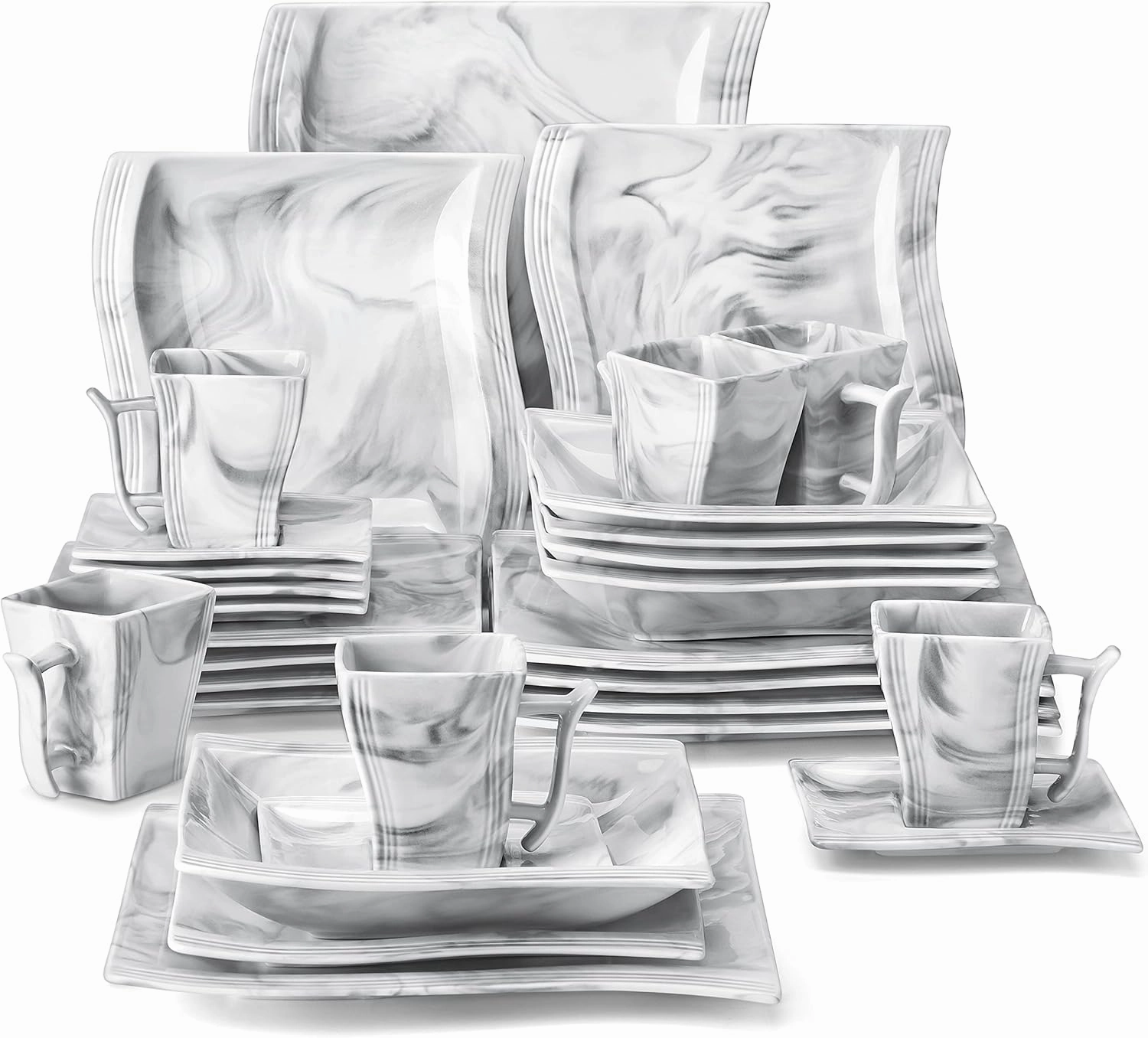 MALACASA Plates and Bowls Sets, 30 Piece Porcelain Dinnerware Sets for 6, Square Dinnerware Set with Dinner Plate, Dessert Plate, Soup Plate, Cup and Saucer, Modern Dish Set, Marble Grey, Series Flora