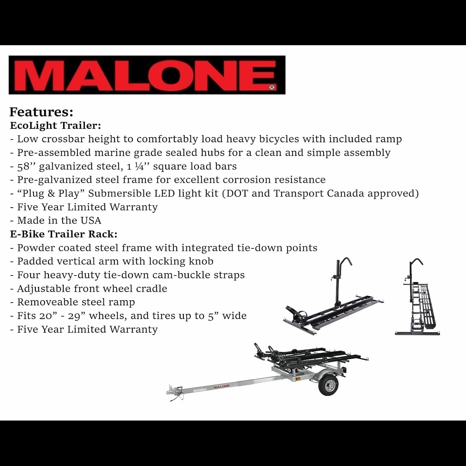 Malone MPG586B3 EcoLight 3 Bike Trailer with 3 Carriers | Supports Bicycles, Fat Bikes, and E-Bikes | 400 lbs Load Capacity | 20"-29" Wheels with up to 5" Wide Tires
