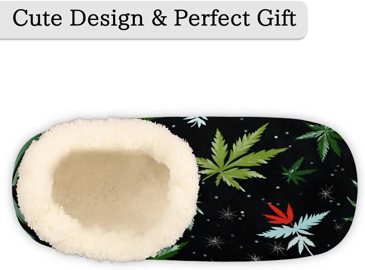Marijuana Leaves House Slippers for Women Men Indoor Fuzzy Green Black Slippers Closed Back Bedroom Shoes Lightweight Cozy Non-slip Home Slippers