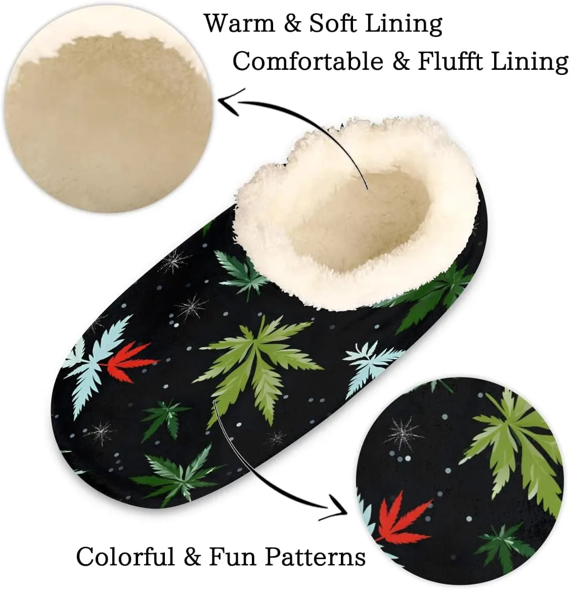 Marijuana Leaves House Slippers for Women Men Indoor Fuzzy Green Black Slippers Closed Back Bedroom Shoes Lightweight Cozy Non-slip Home Slippers