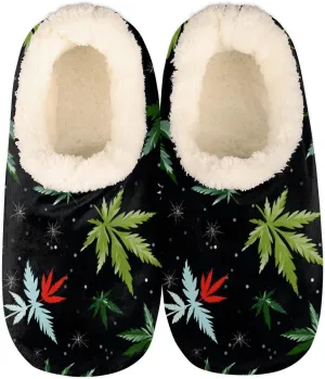 Marijuana Leaves House Slippers for Women Men Indoor Fuzzy Green Black Slippers Closed Back Bedroom Shoes Lightweight Cozy Non-slip Home Slippers