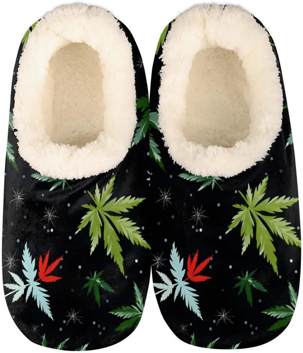Marijuana Leaves House Slippers for Women Men Indoor Fuzzy Green Black Slippers Closed Back Bedroom Shoes Lightweight Cozy Non-slip Home Slippers