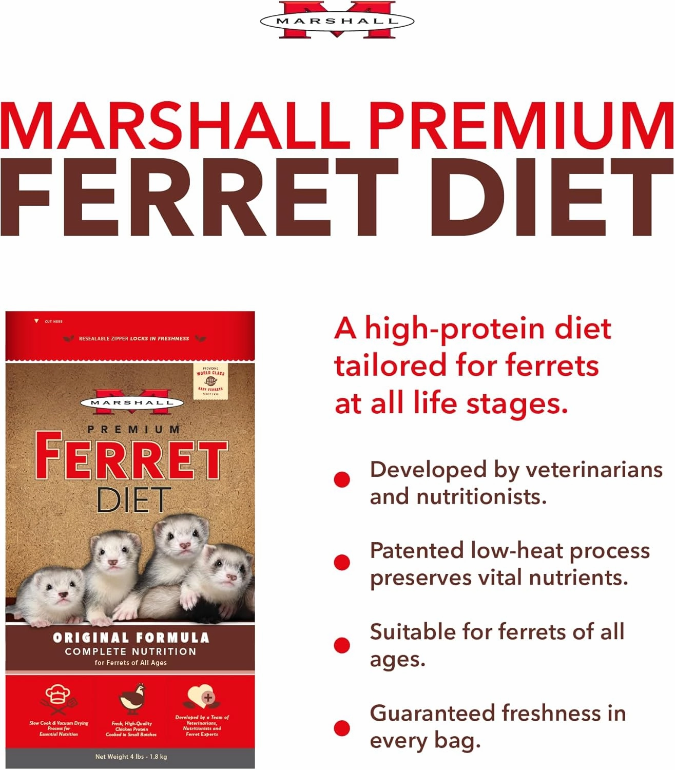 Marshall Pet Products Premium Ferret Diet Dry Food, 4 lbs – Balanced Nutrition for Ferret Health, Supports Digestion, Muscle Maintenance & Energy Levels
