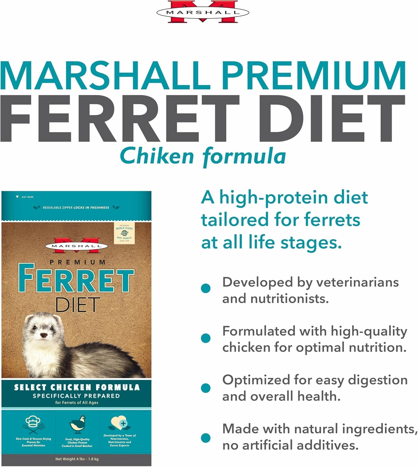 Marshall Pet Products Select Chicken Formula Premium Ferret Diet, 4 lbs – Protein-Rich Food for Balanced Nutrition, Digestive Support (Pack of 2)