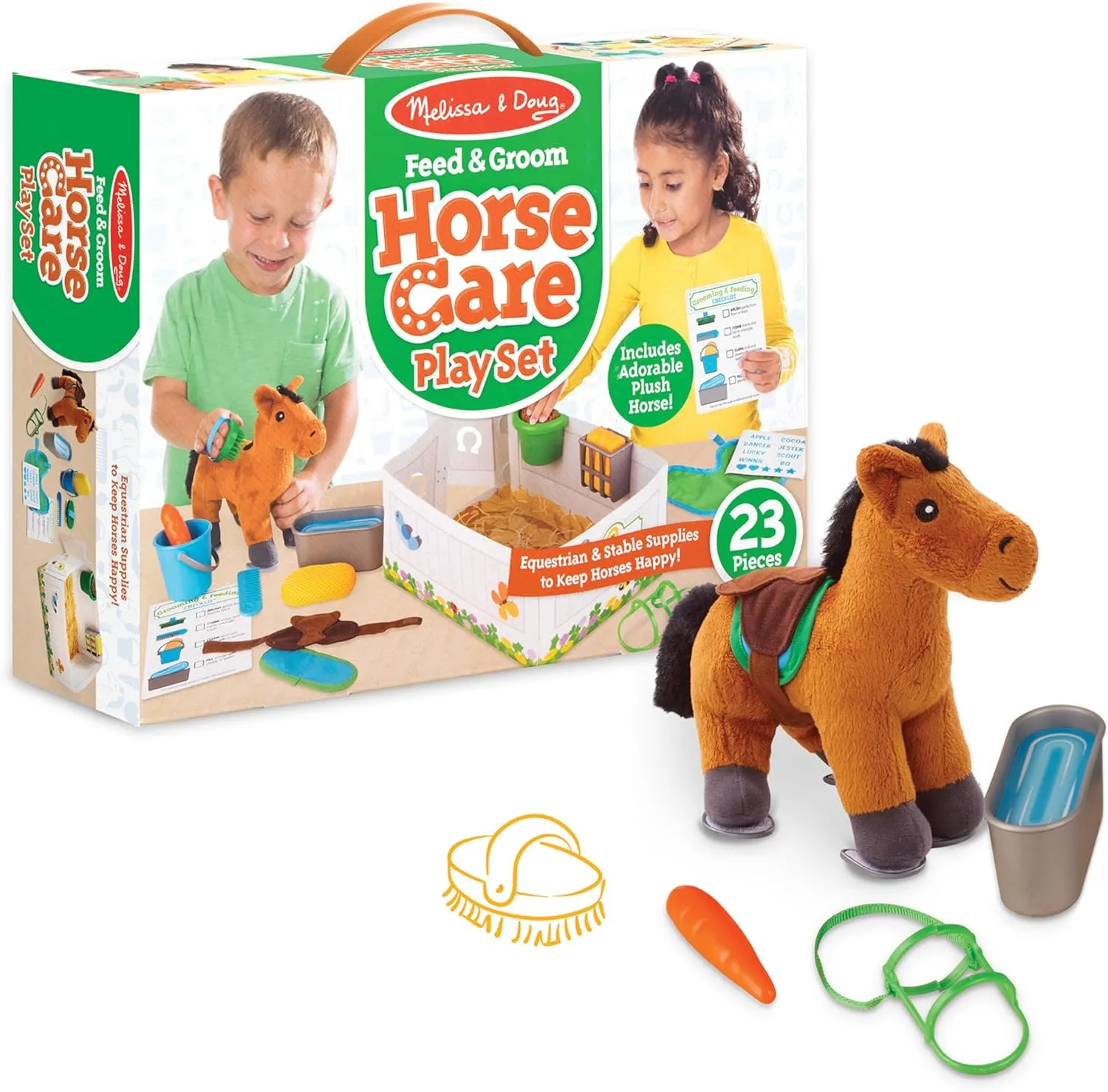 Melissa & Doug Feed & Groom Horse Care Play Set With Plush Stuffed Animal (23 pcs) - Pretend Play Horse Plush Toys For Girls And Boys Toddlers Ages 1 , Multi-colored