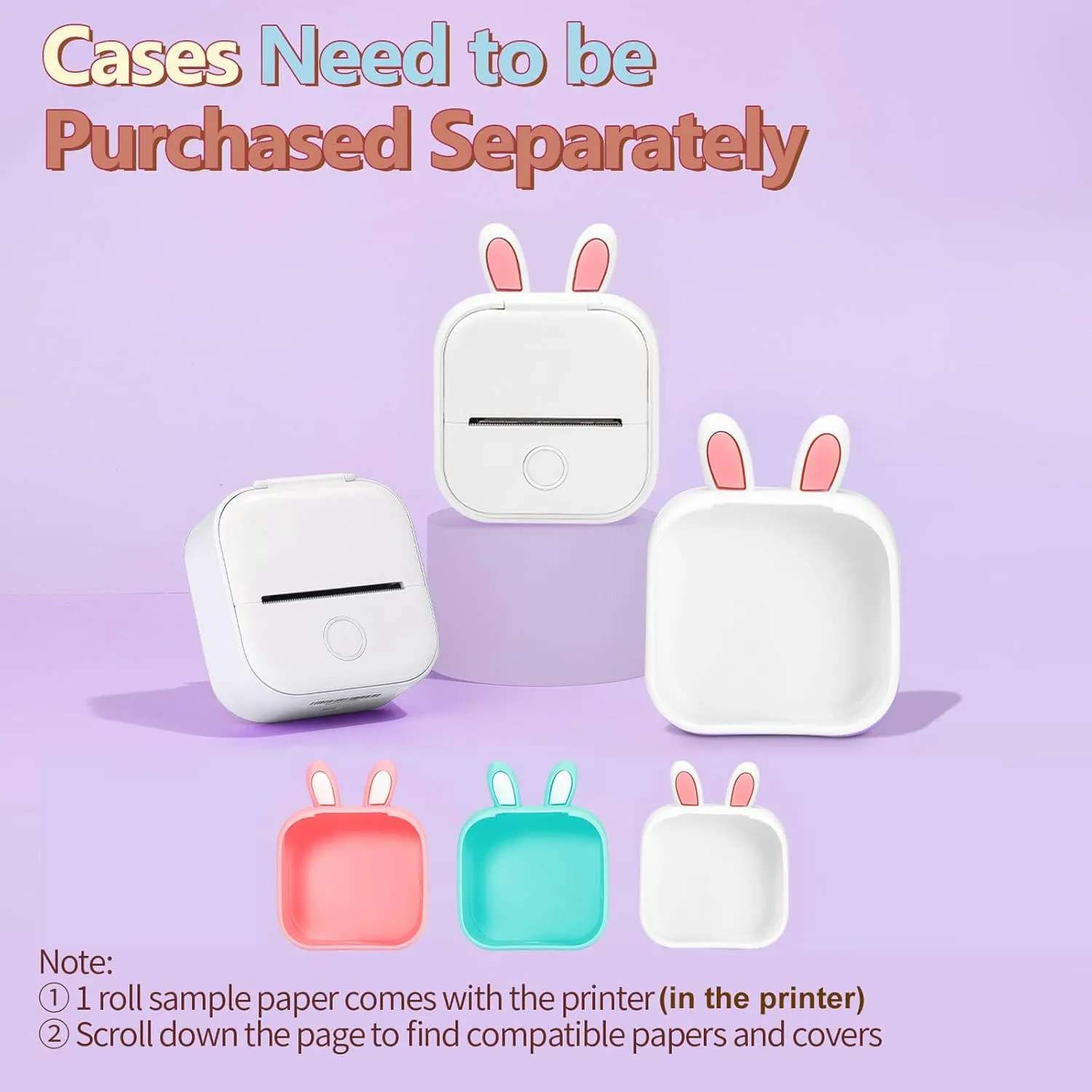 Memoking Mini Portable Printer - T02 Inkless Pocket Thermal Sticker Maker Mini Sticker Printer Mobile Label Maker for Student, Gift, White (Bunny Case Not Included)