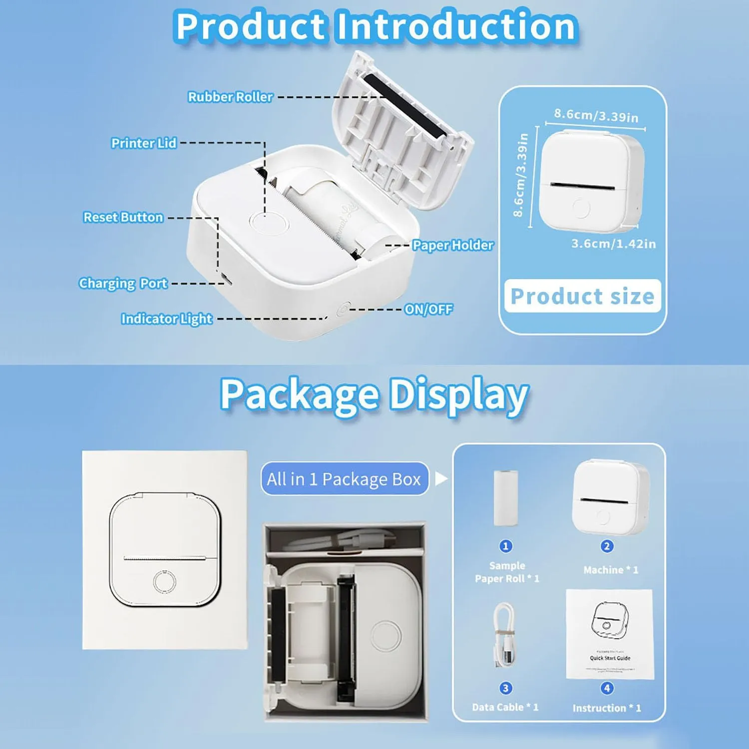 Memoking Mini Portable Printer - T02 Inkless Pocket Thermal Sticker Maker Mini Sticker Printer Mobile Label Maker for Student, Gift, White (Bunny Case Not Included)