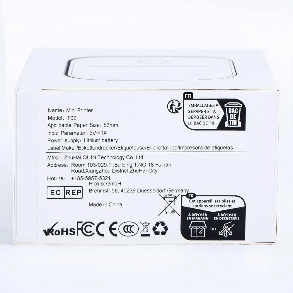 Memoking Mini Portable Printer - T02 Inkless Pocket Thermal Sticker Maker Mini Sticker Printer Mobile Label Maker for Student, Gift, White (Bunny Case Not Included)