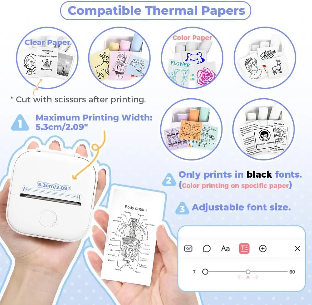 Memoking Mini Portable Printer - T02 Inkless Pocket Thermal Sticker Maker Mini Sticker Printer Mobile Label Maker for Student, Gift, White (Bunny Case Not Included)