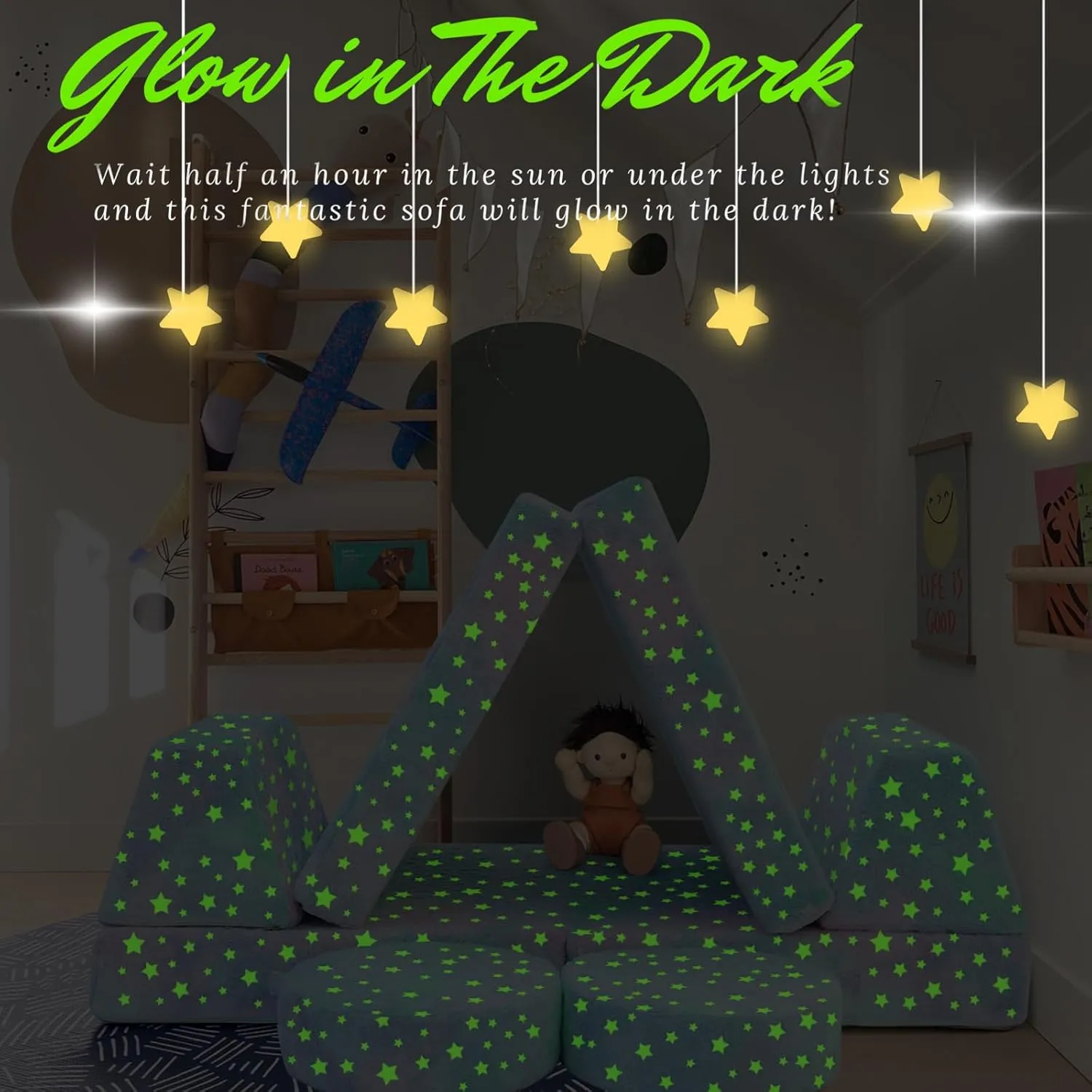 MeMoreCool Modular Glow Sofa for Kids, Colorful Star 8-Piece Convertible Foam Toddler Couch Play Set for Playroom and Children