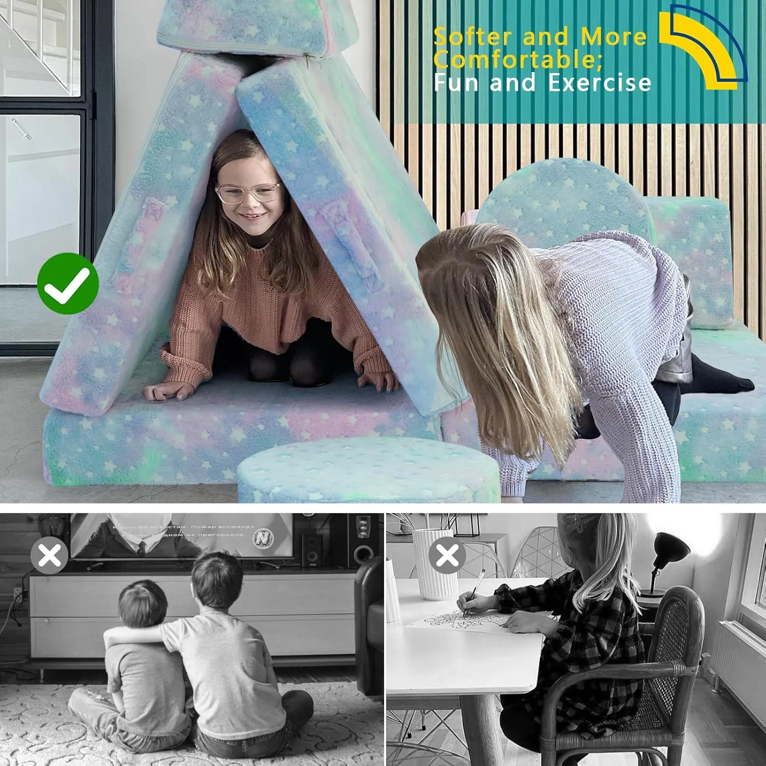MeMoreCool Modular Glow Sofa for Kids, Colorful Star 8-Piece Convertible Foam Toddler Couch Play Set for Playroom and Children