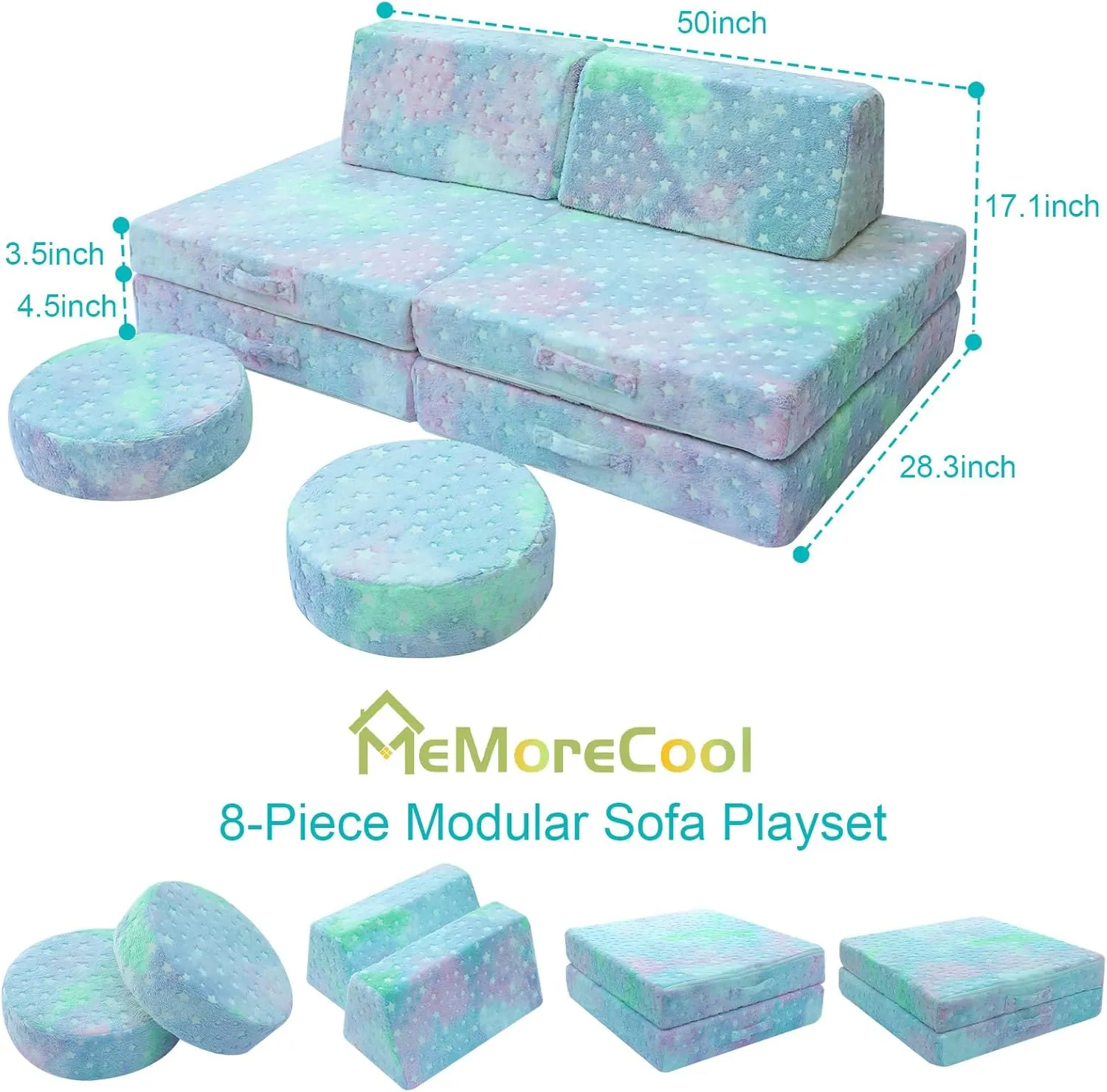 MeMoreCool Modular Glow Sofa for Kids, Colorful Star 8-Piece Convertible Foam Toddler Couch Play Set for Playroom and Children
