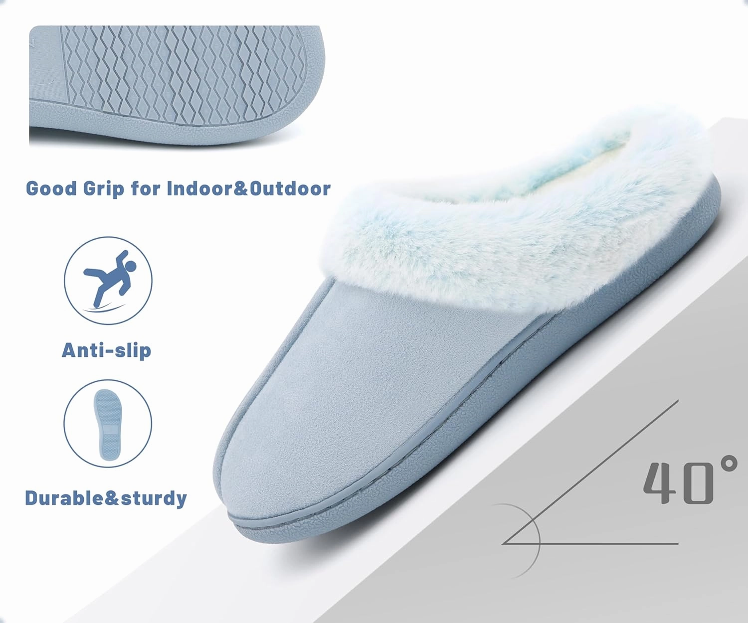 Memory Foam Home Slippers for Women, Fluffy Fuzzy Plush Womens House Shoes for Indoor Outdoor Bedroom, Cute Comfy Microsuede Scuff for Ladies