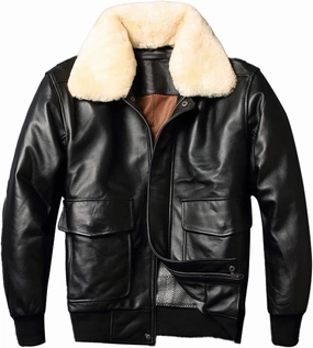 Men’s A2 Aviator Black Genuine Sheepskin Faux Fur Collar Air Force Pilot Casual Classic Bomber Leather Jacket