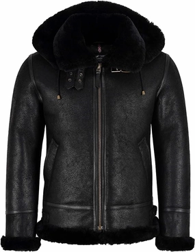 Men's Aviator RAF Classic B3 Sheepskin Bomber Flying Real Leather Jacket 116117 (L, Black/Black)