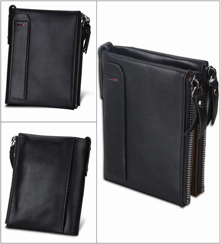 Men's Folding Double Zip Wallet RFID Blocks Retro Short Coin Purse