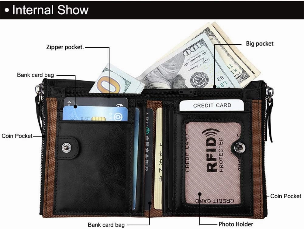 Men's Folding Double Zip Wallet RFID Blocks Retro Short Coin Purse