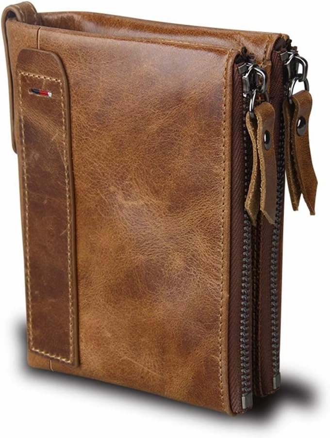 Men's Folding Double Zip Wallet RFID Blocks Retro Short Coin Purse