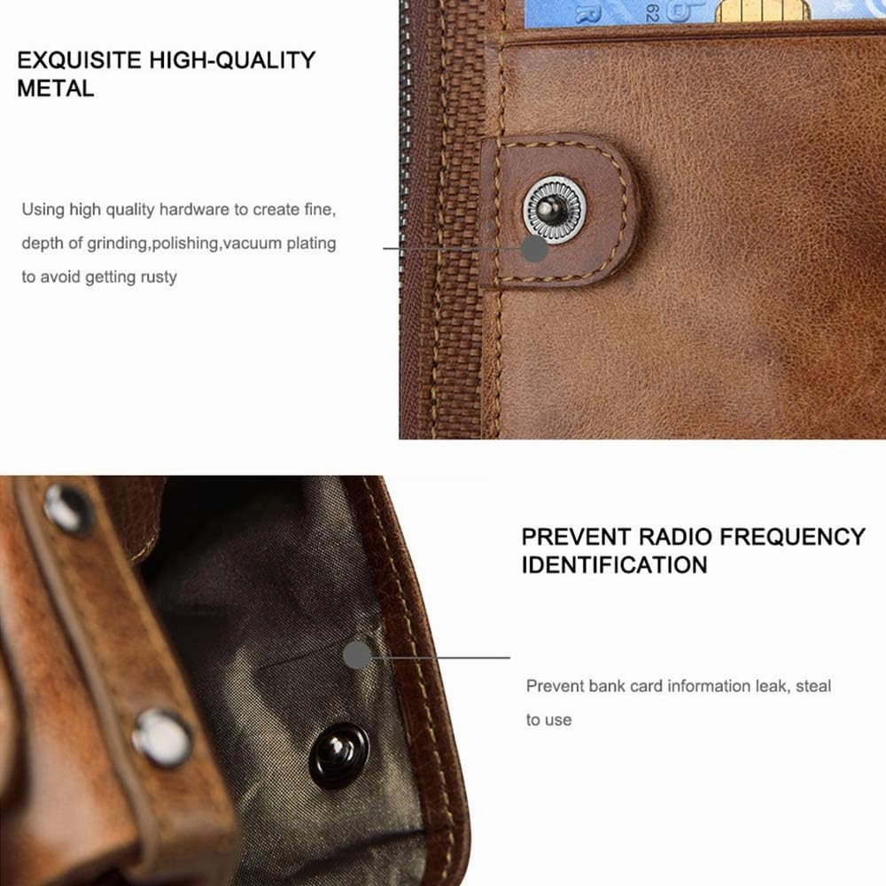 Men's Folding Double Zip Wallet RFID Blocks Retro Short Coin Purse