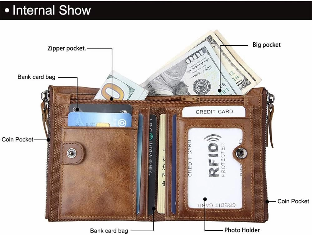 Men's Folding Double Zip Wallet RFID Blocks Retro Short Coin Purse