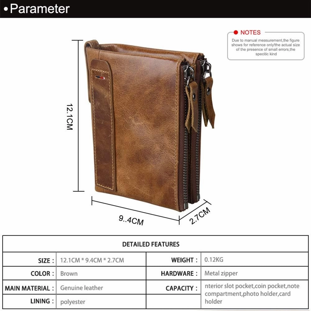 Men's Folding Double Zip Wallet RFID Blocks Retro Short Coin Purse