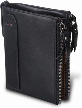 Men's Folding Double Zip Wallet RFID Blocks Retro Short Coin Purse