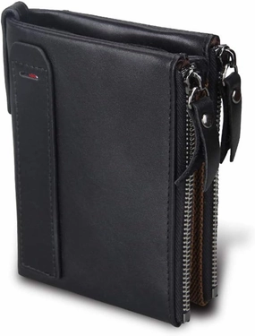 Men's Folding Double Zip Wallet RFID Blocks Retro Short Coin Purse