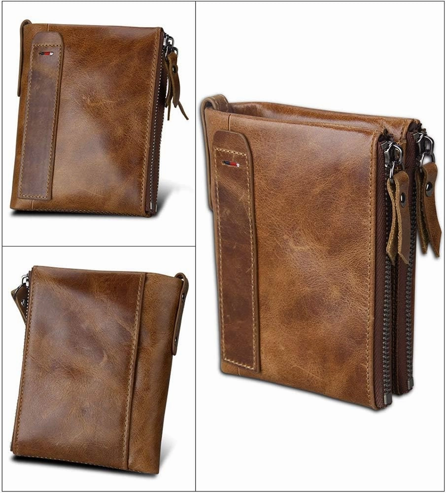 Men's Folding Double Zip Wallet RFID Blocks Retro Short Coin Purse