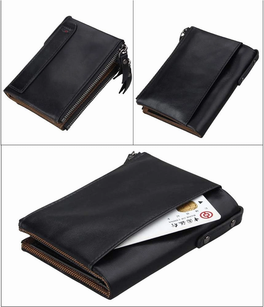 Men's Folding Double Zip Wallet RFID Blocks Retro Short Coin Purse