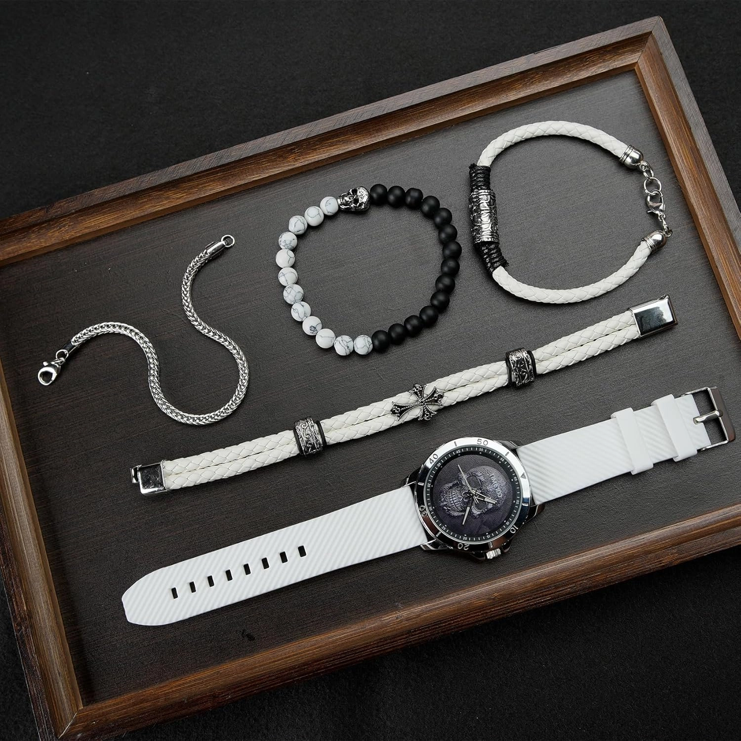 Men's Skull Watch with Stackable Bracelet Set, Silicone Band