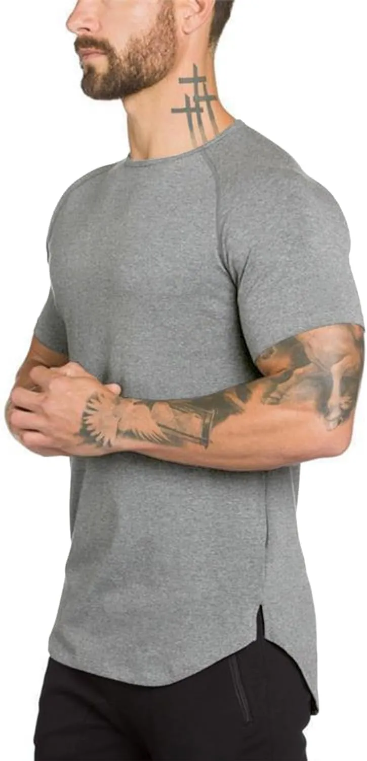 Mens Gym Workout Slim Fit Short Sleeve T-Shirt Cotton Performance Athletic Shirts Running Fitness Tee