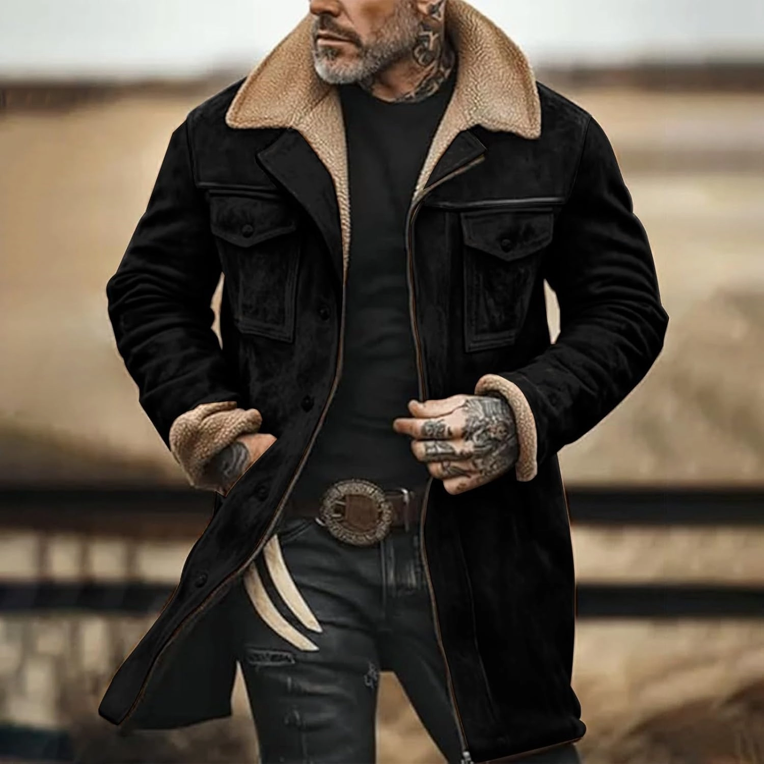 Mens Vintage Suede Jacket Plush Collar Coats Faux Leather Winter Long Jackets Men Zip Up Motorcycle Jacket Coats Retro