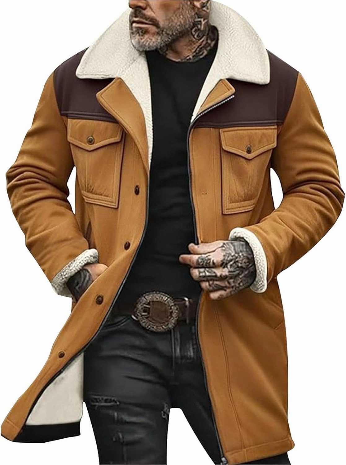 Mens Western Cowboy Vintage Suede Jacket Plush Collar Coats Faux Leather Winter Long Jackets Men Zip Up Casual Retro Tops