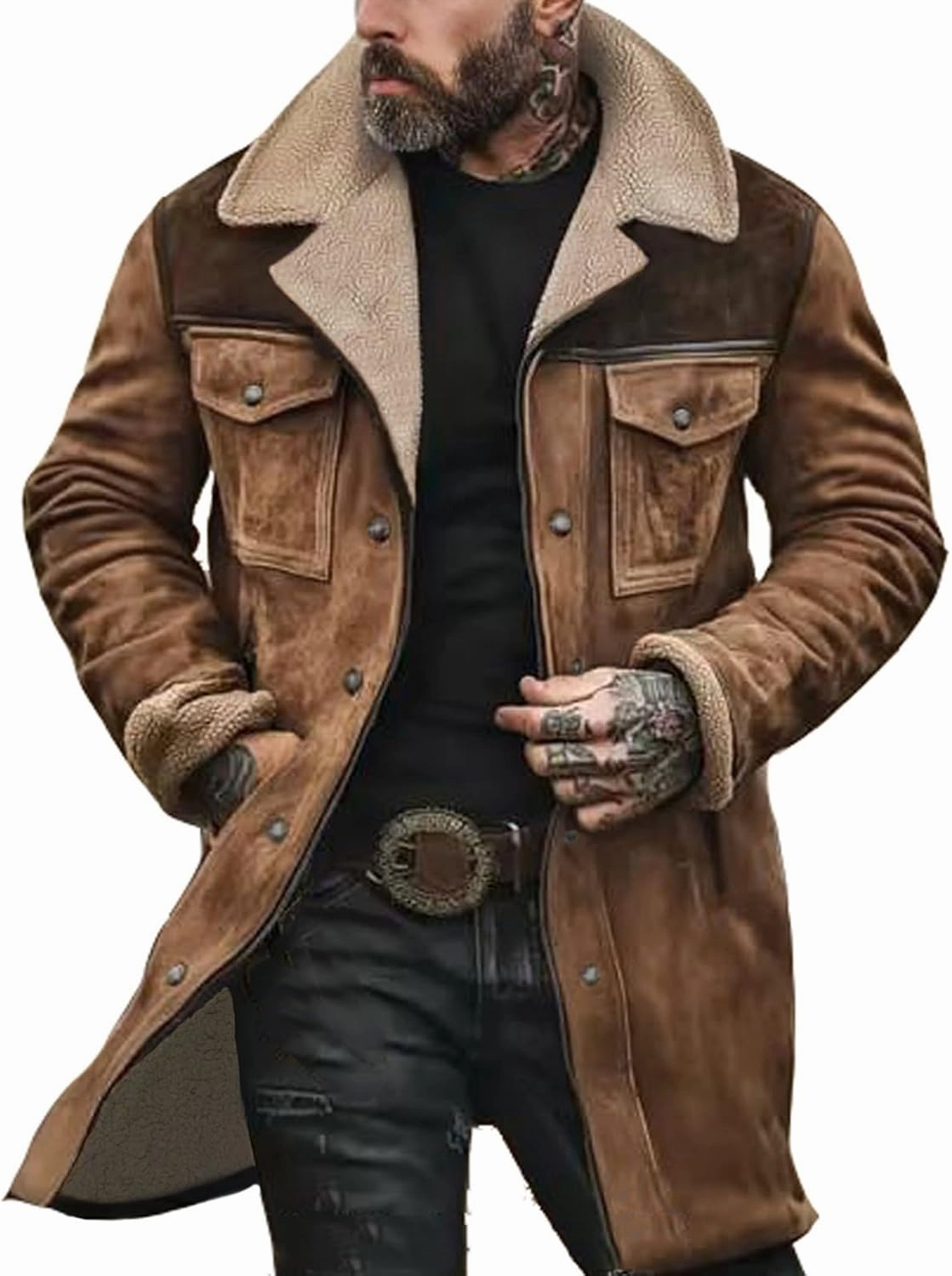 Mens Western Cowboy Vintage Suede Jacket Plush Collar Coats Faux Leather Winter Long Jackets Men Zip Up Casual Retro Tops