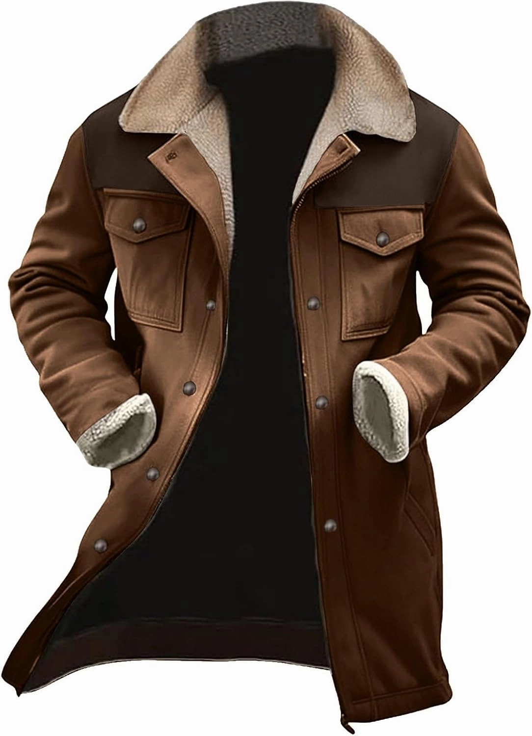 Mens Western Cowboy Vintage Suede Jacket Plush Collar Coats Faux Leather Winter Long Jackets Men Zip Up Casual Retro Tops
