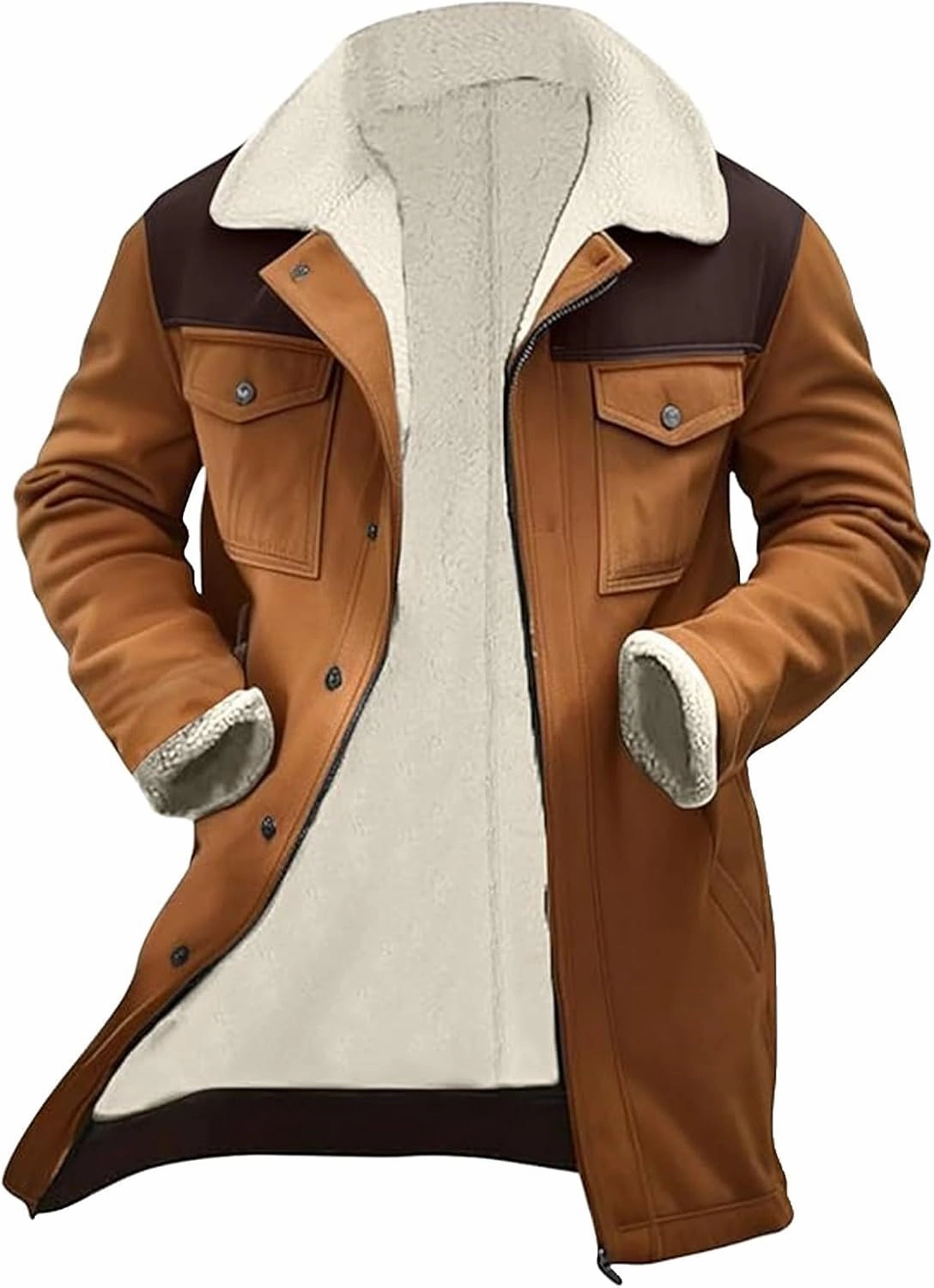 Mens Western Cowboy Vintage Suede Jacket Plush Collar Coats Faux Leather Winter Long Jackets Men Zip Up Casual Retro Tops