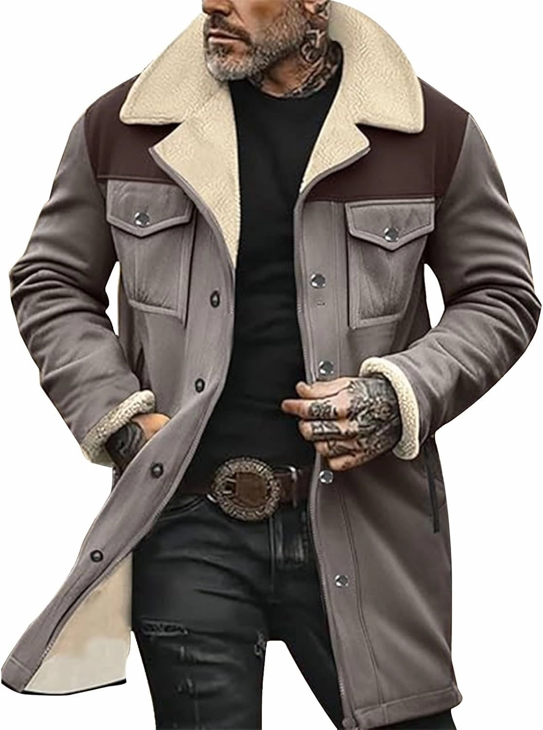 Mens Western Cowboy Vintage Suede Jacket Plush Collar Coats Faux Leather Winter Long Jackets Men Zip Up Casual Retro Tops