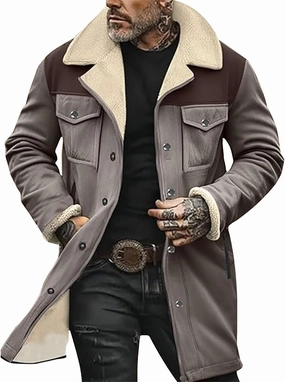 Mens Western Cowboy Vintage Suede Jacket Plush Collar Coats Faux Leather Winter Long Jackets Men Zip Up Casual Retro Tops