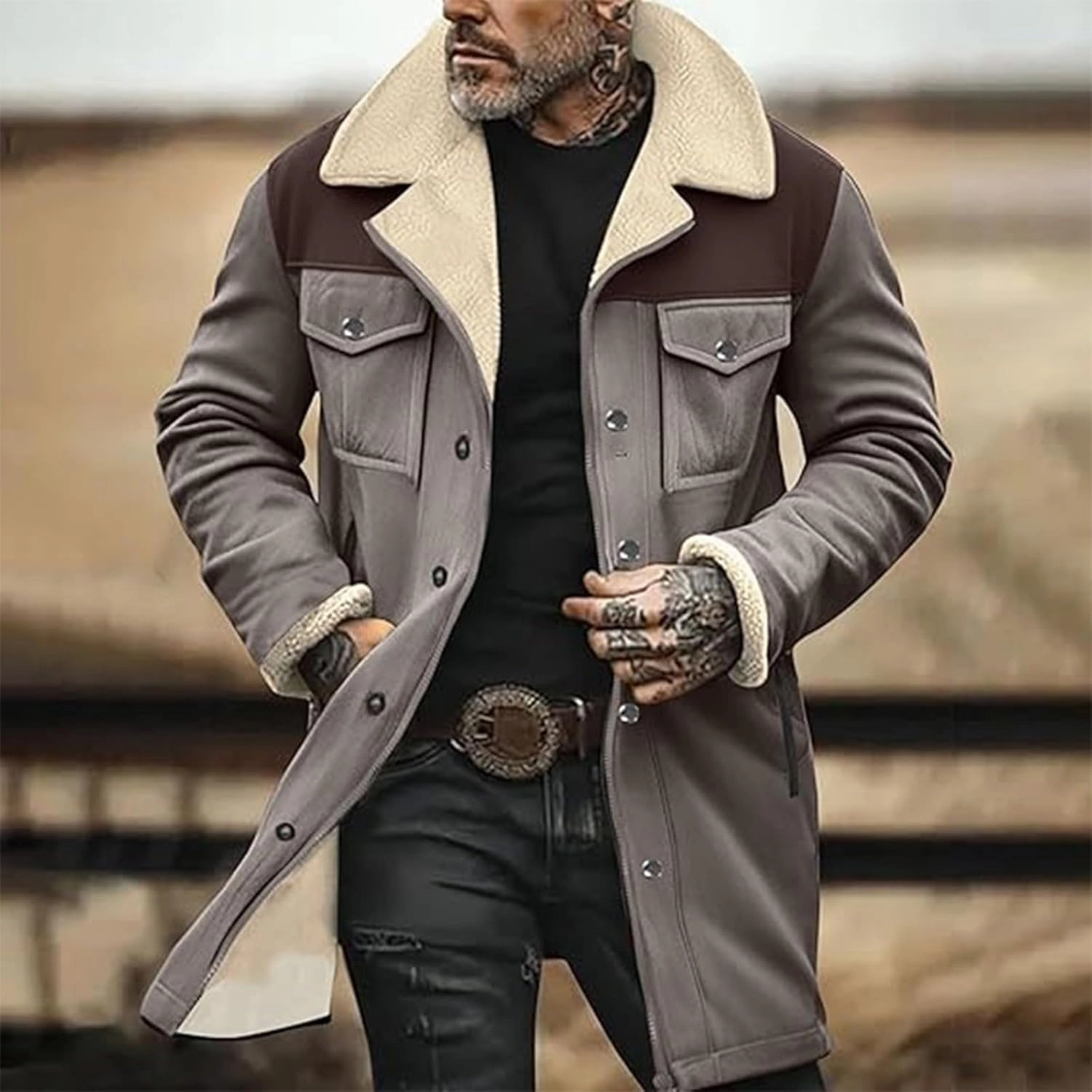 Mens Western Cowboy Vintage Suede Jacket Plush Collar Coats Faux Leather Winter Long Jackets Men Zip Up Casual Retro Tops