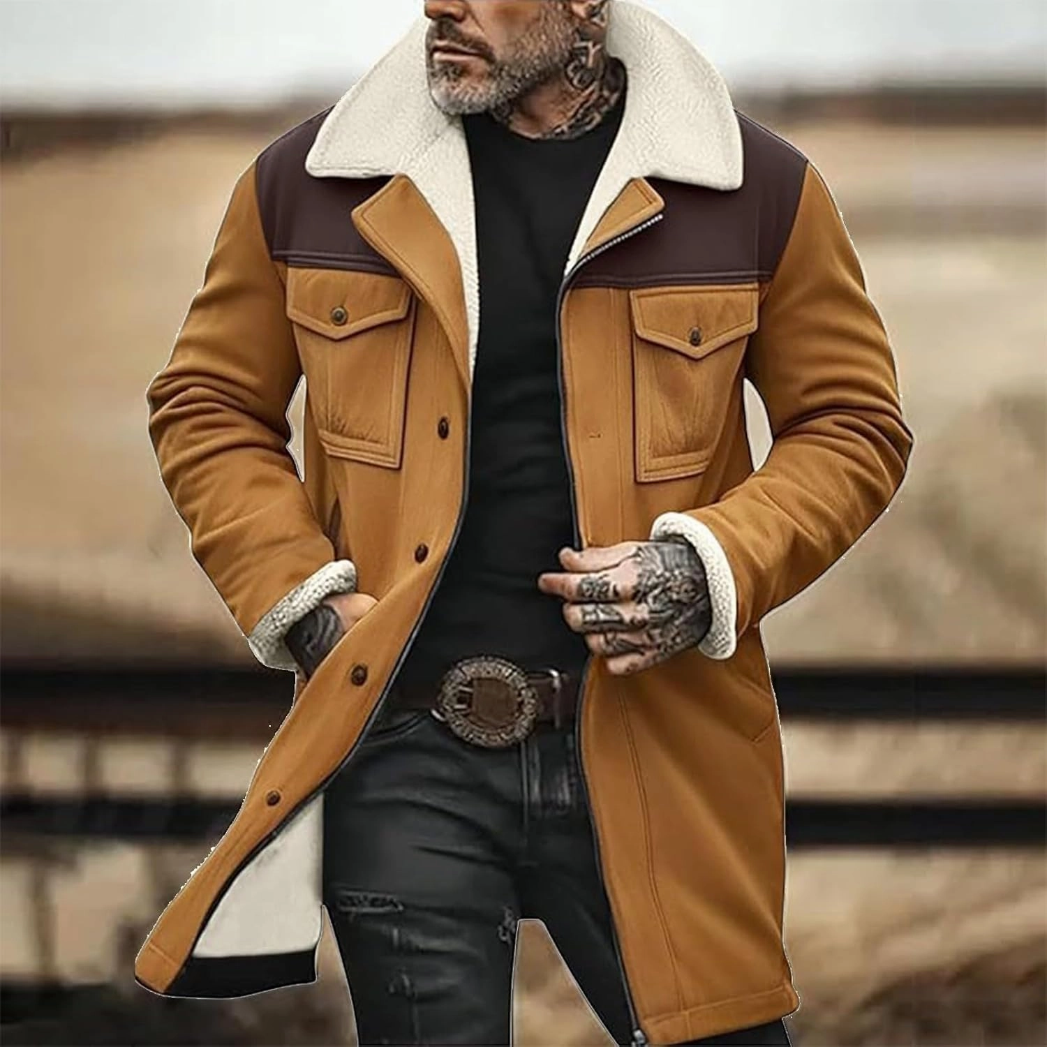 Mens Western Cowboy Vintage Suede Jacket Plush Collar Coats Faux Leather Winter Long Jackets Men Zip Up Casual Retro Tops