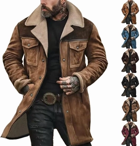Mens Western Cowboy Vintage Suede Jacket Plush Collar Coats Faux Leather Winter Long Jackets Men Zip Up Casual Retro Tops